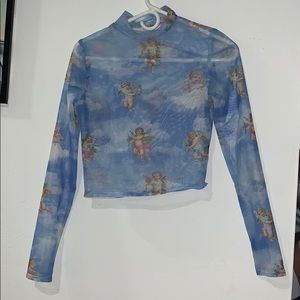 Y2K mockneck blue angel print long sleeve crop top